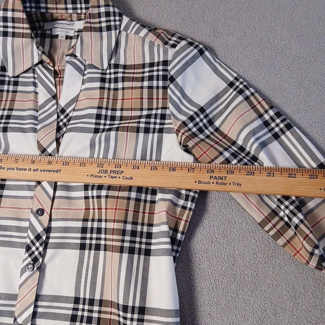 Foxcroft NYC Womens Size 8 Wrinkle Free Plaid Button Front Shirt Beige White…