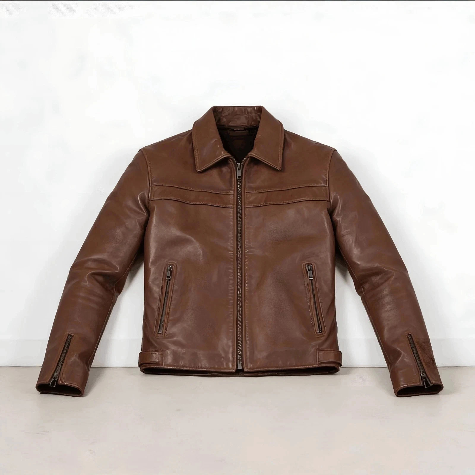 Men’s Brown Biker Cafe Racer Jacket Real SheepSkin Leather Jacket Slim Fit Coat