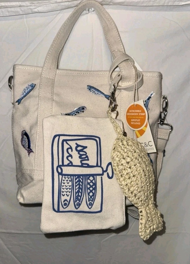 NWT C & C California Sardine Fish Canvas Crossbody Tote Bag