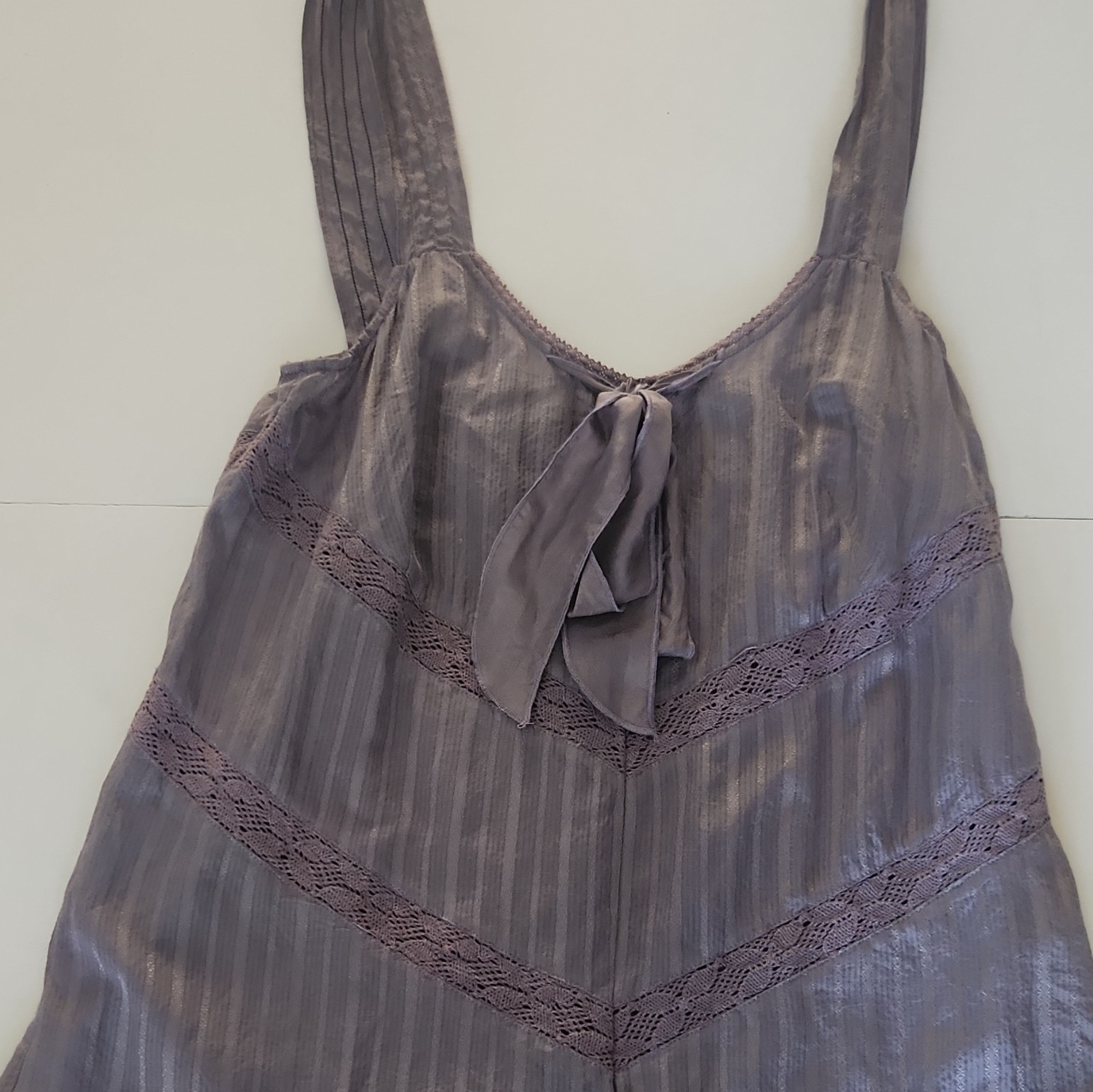 Women’s Top Vintage Dark Lavender Striped Slip with Lace Trim and Bow Detail