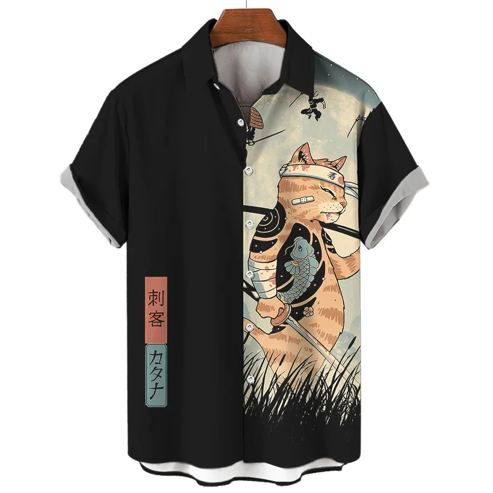 Fashion Men’s Clothing Cool Samurai Cat Tops Summer New Men’s Clothing Casual