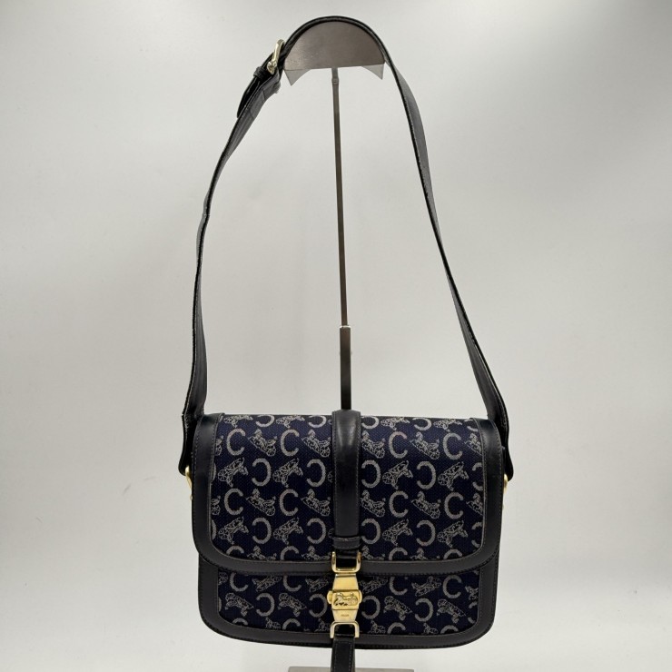 CELINE Sulky C Macadam Vintage Shoulder Bag Navy Canvas and Leather Gold-ton…