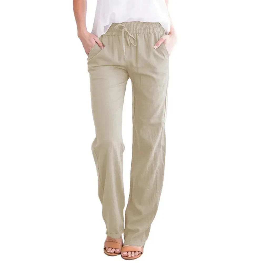Women Cotton Linen Drawstring Pants Elastic Waist Loose Straight Leg Trousers