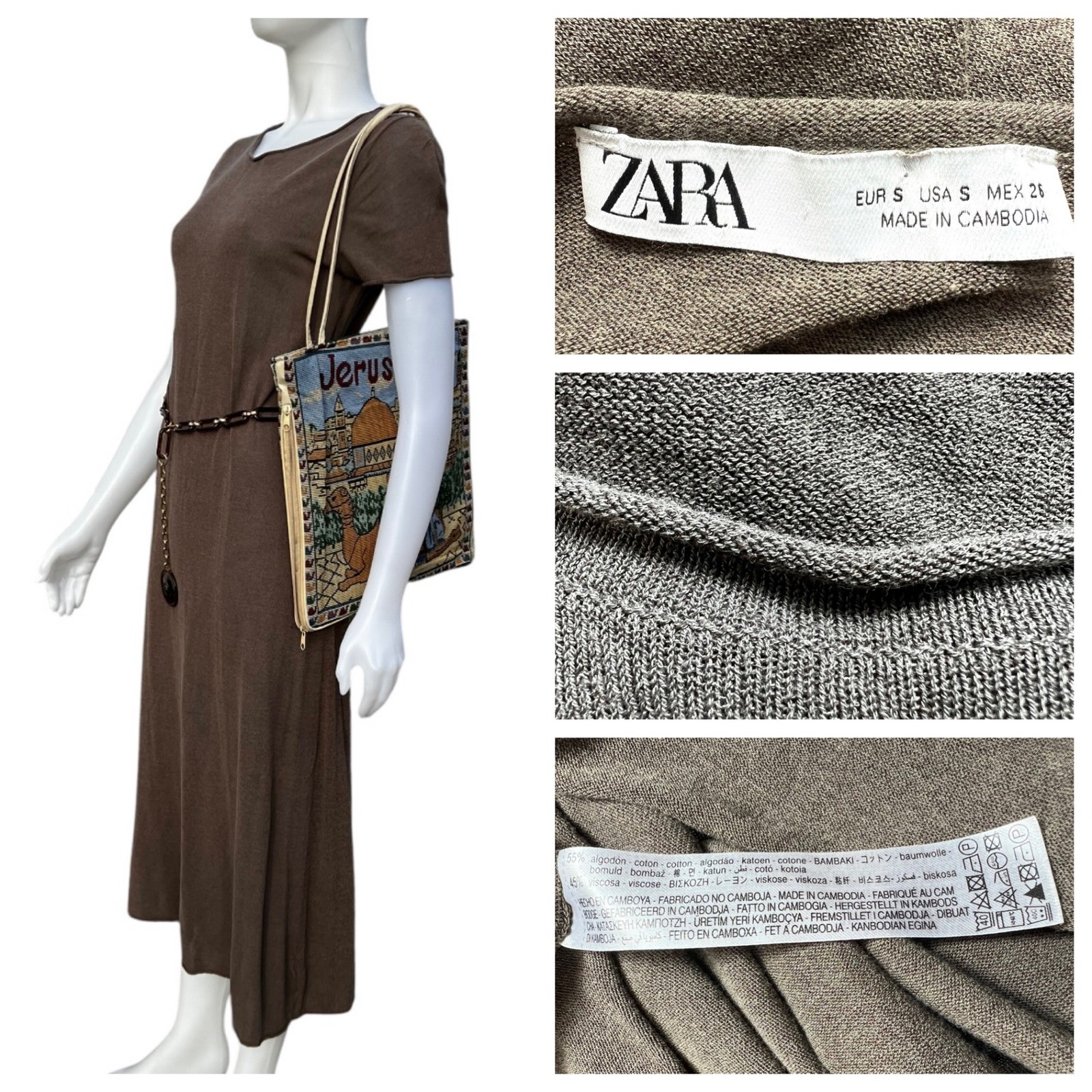 Zara Knit Midi T-shirt Dress Rolled edges Cotton Brown Lagenlook Granola Girl S