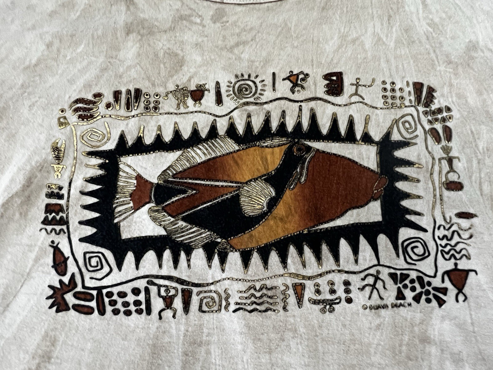 Vintage Guava Beach XL Brown Marbled Fish Graphic Beige Tee Single Stitch USA