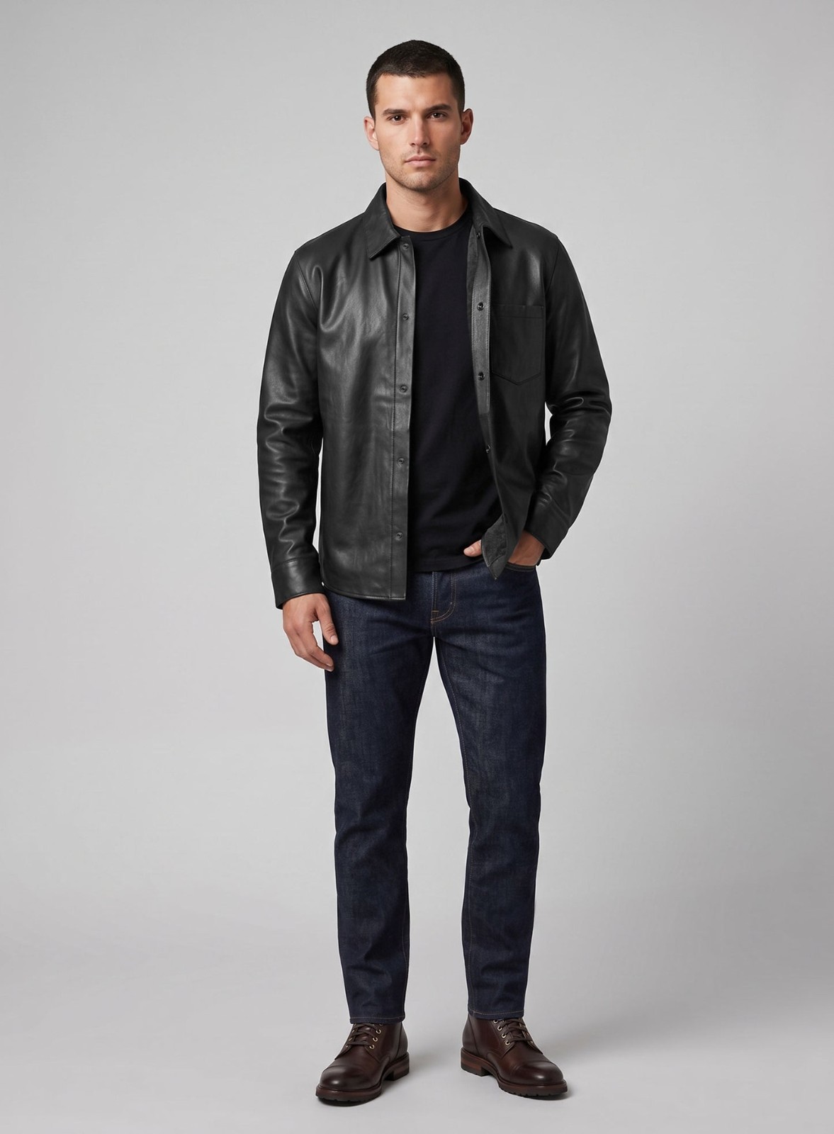 Mens Dark Black Suede Leather Shirt Jacket Casual Shacket Slim Fit Overshirt New