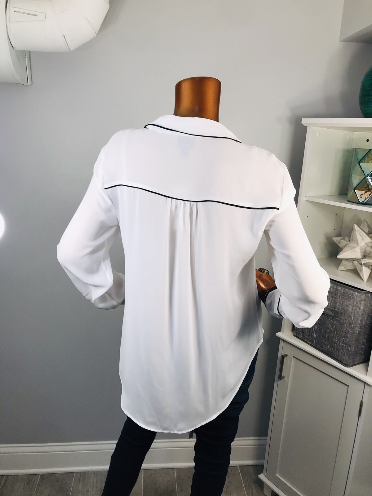 Worthington L Top NWT $37 Sheer Black White Button Up Shirt Blouse Lite Low Cut