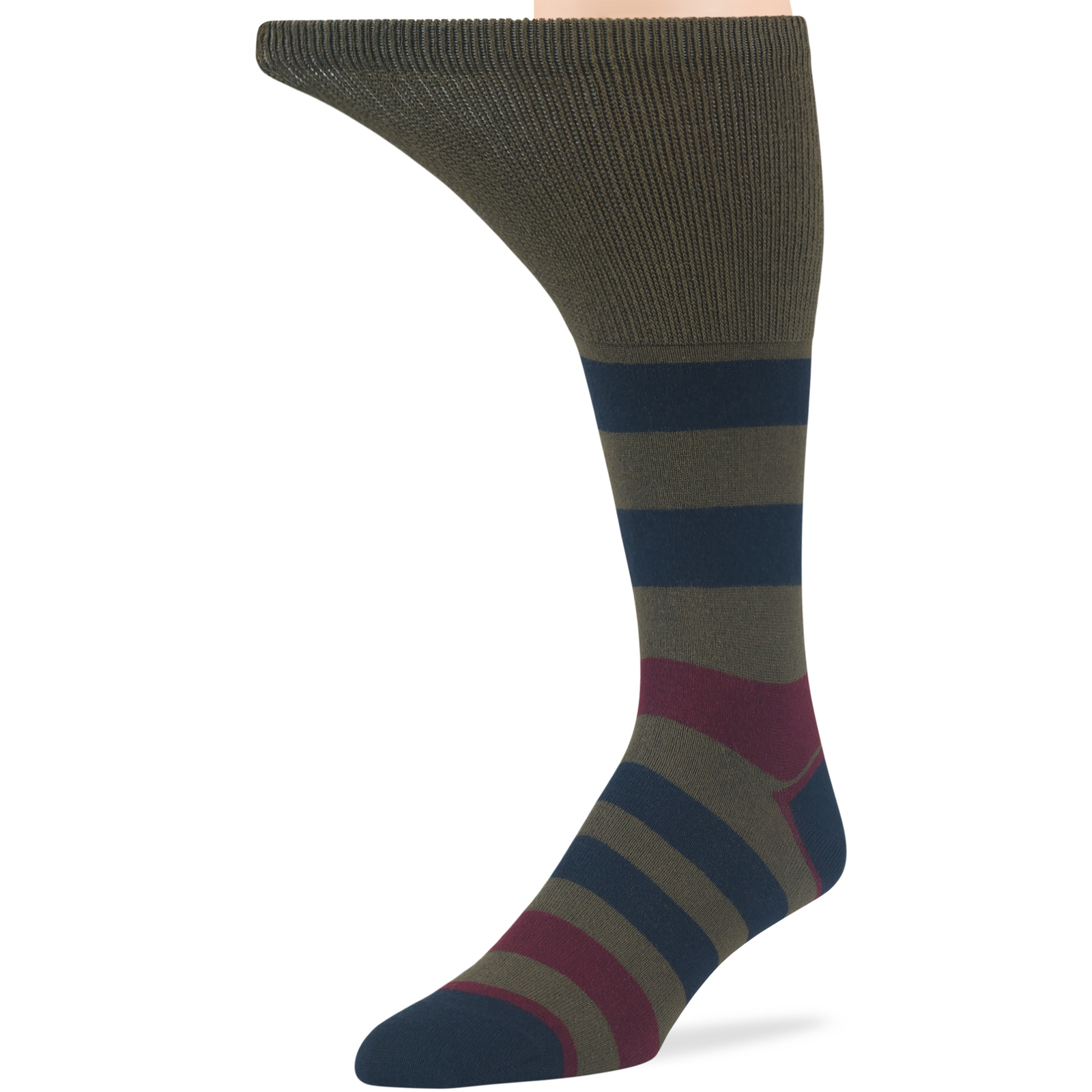 Men Diabetic Cotton Wide Mid-Calf Socks-5 Pack Large-Stripe Dot-Navy Beige Green