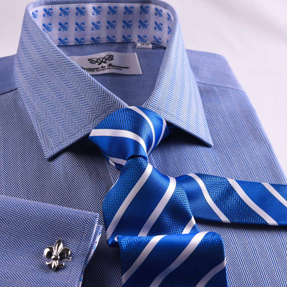 Limited Quatanty Mens Blue Formal Herringbone Business Dress Shirt French Cuffs