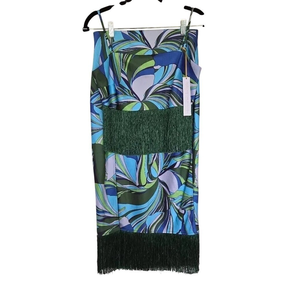 House of Harlow Blue Green Swirl Fringe Skirt Set Size XS Retro Luxe Miami Chic