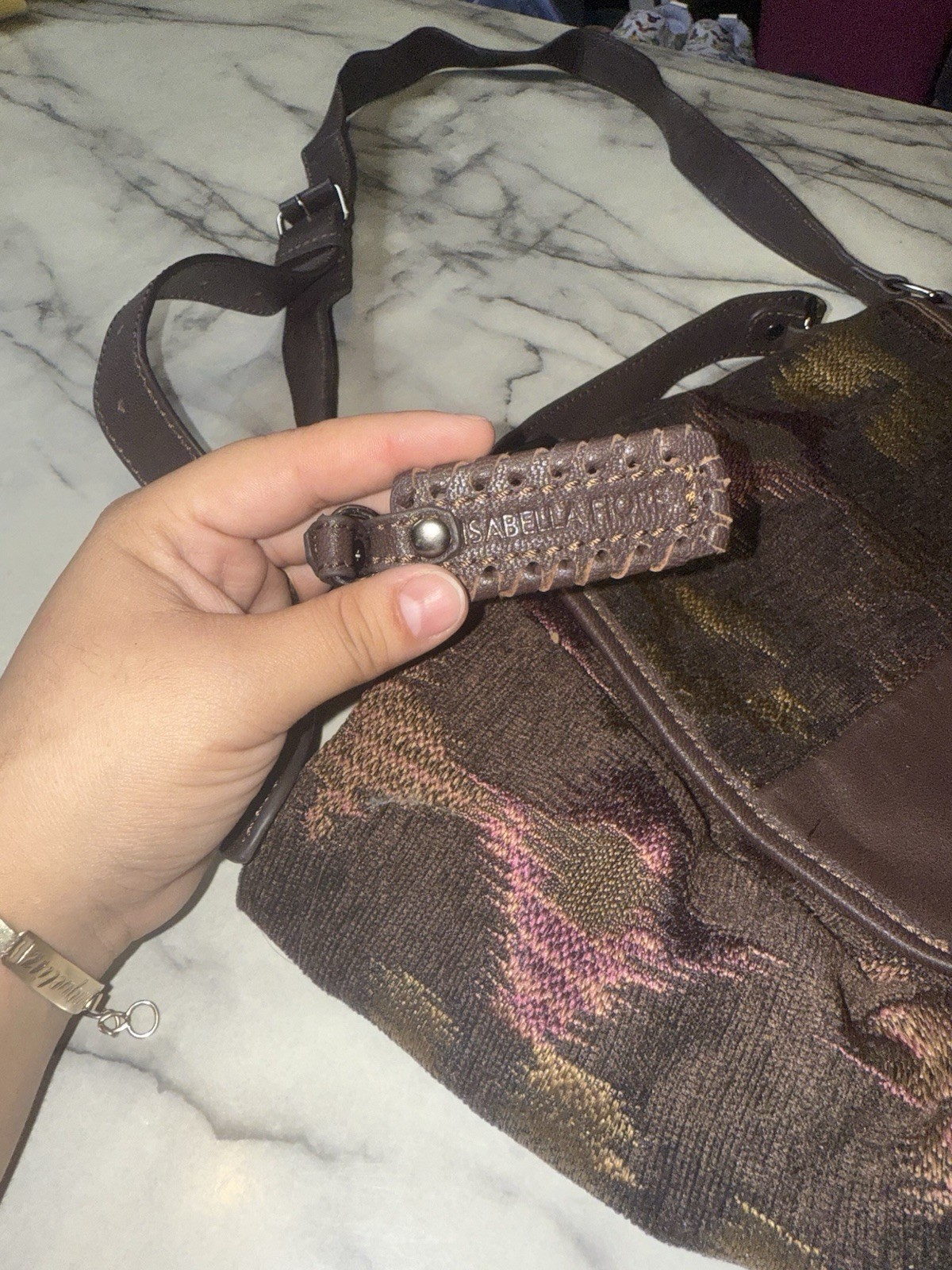 Isabella Fiore Brown Floral Shoulder Bag Zip/Magnetic, Pockets, Silver Hardware