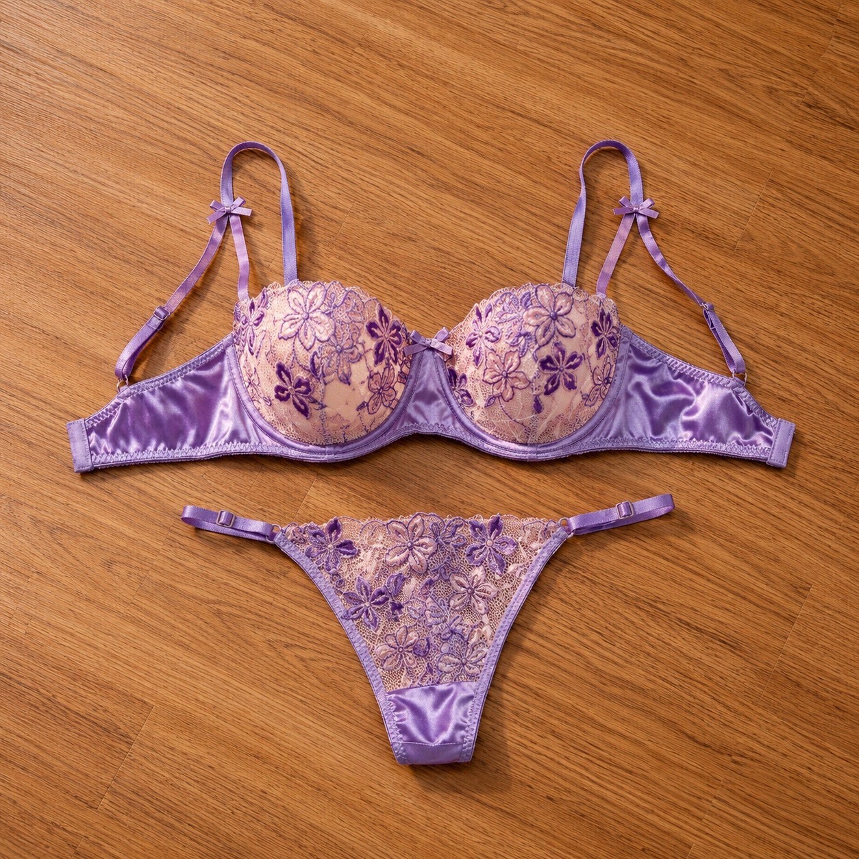 Purple Floral Lace Lingerie Set Women’s Bra & Thong Satin Sheer Embroidery XL