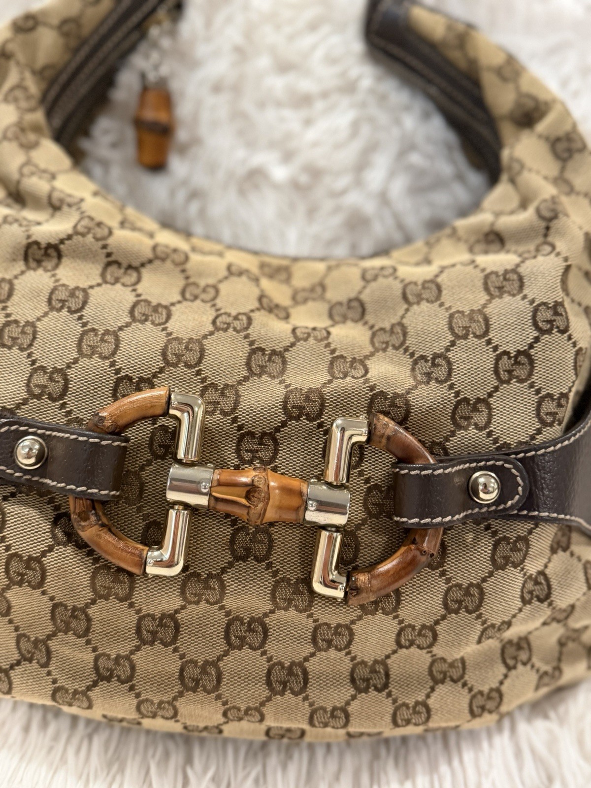 Vintage Gucci GG Monogram Bamboo Amalfi Brown Medium hobo Shoulder Bag