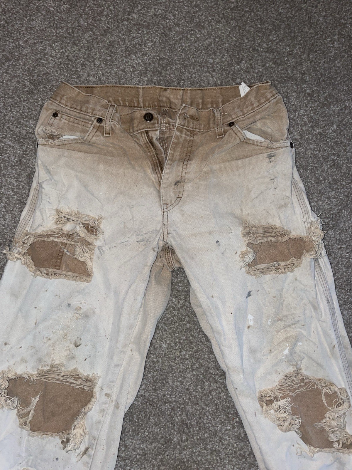 Distressed Dickies Men’s Beige Canvas Workwear Pants Straight Leg 30×34