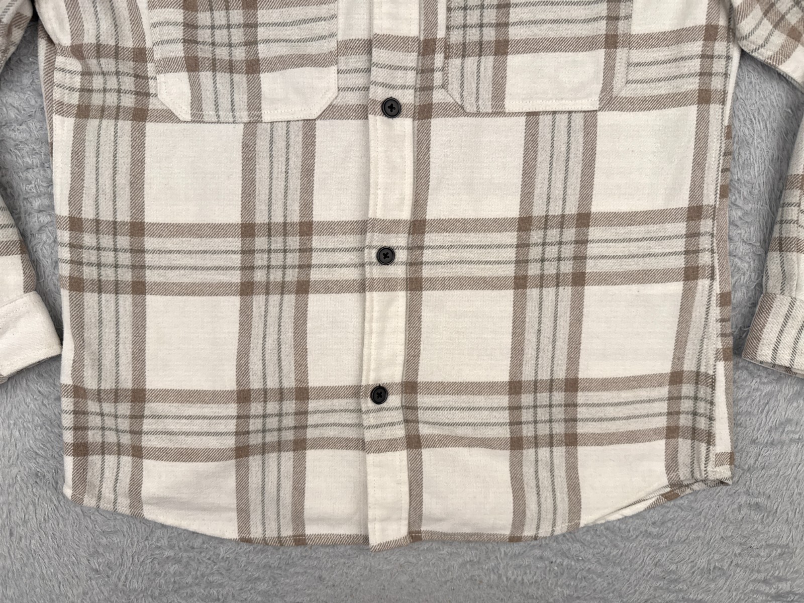 H&M Shirt Men Medium Beige White Plaid Flannel Poly Wool Blend Button Up Pockets