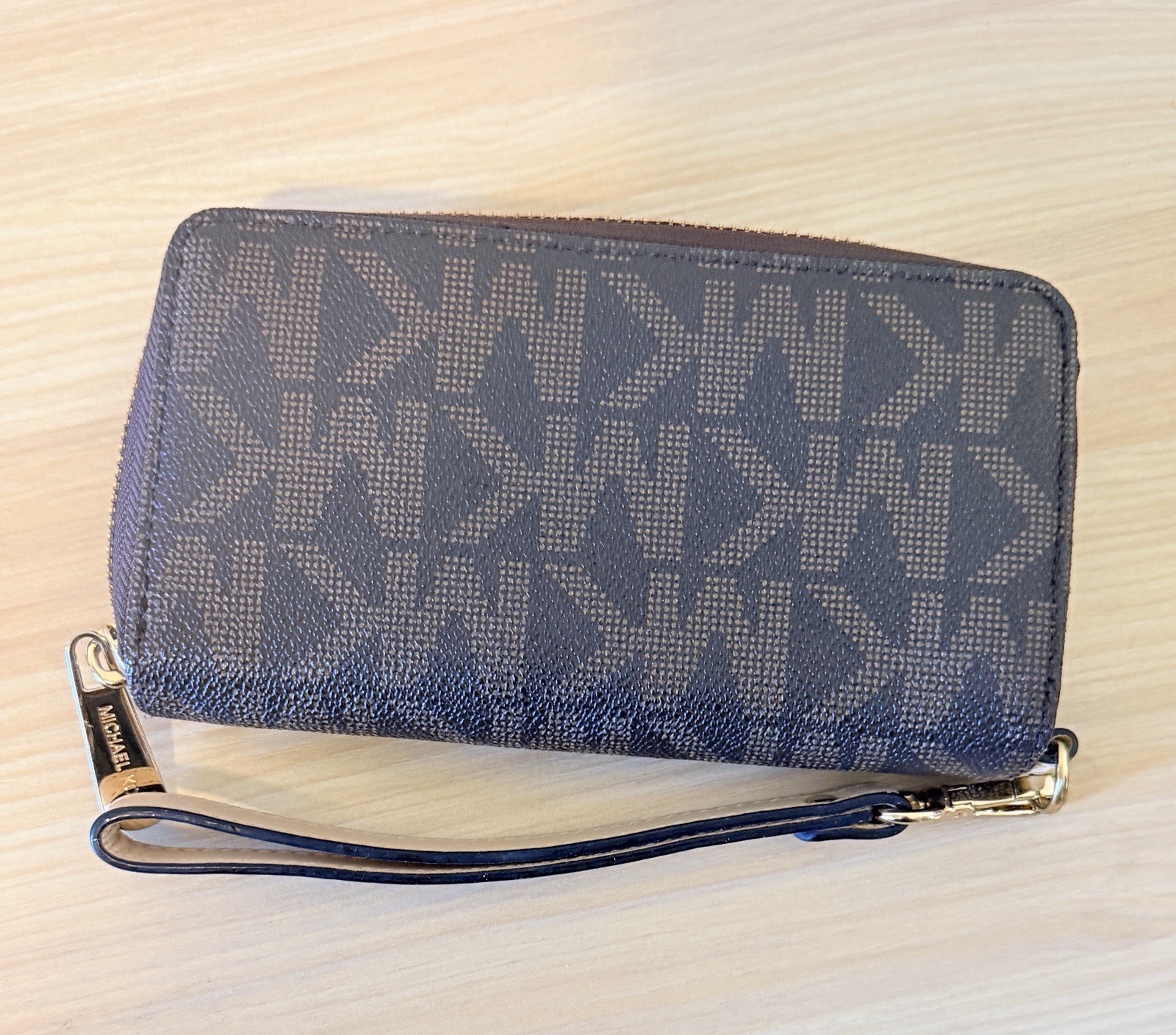 Michael Kors Logo Zip-Around Wristlet Wallet w/ Credit Card Slots Brown