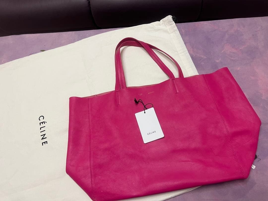 CELINE Paris Horizontal Cabas Leather Tote Fuchsia Pink Auth W/Tag From Japan