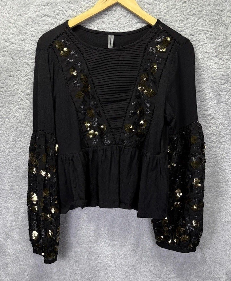 Anthropologie Womens Medium Black Sequin Embellished Peplum Top Balloon Sleeve