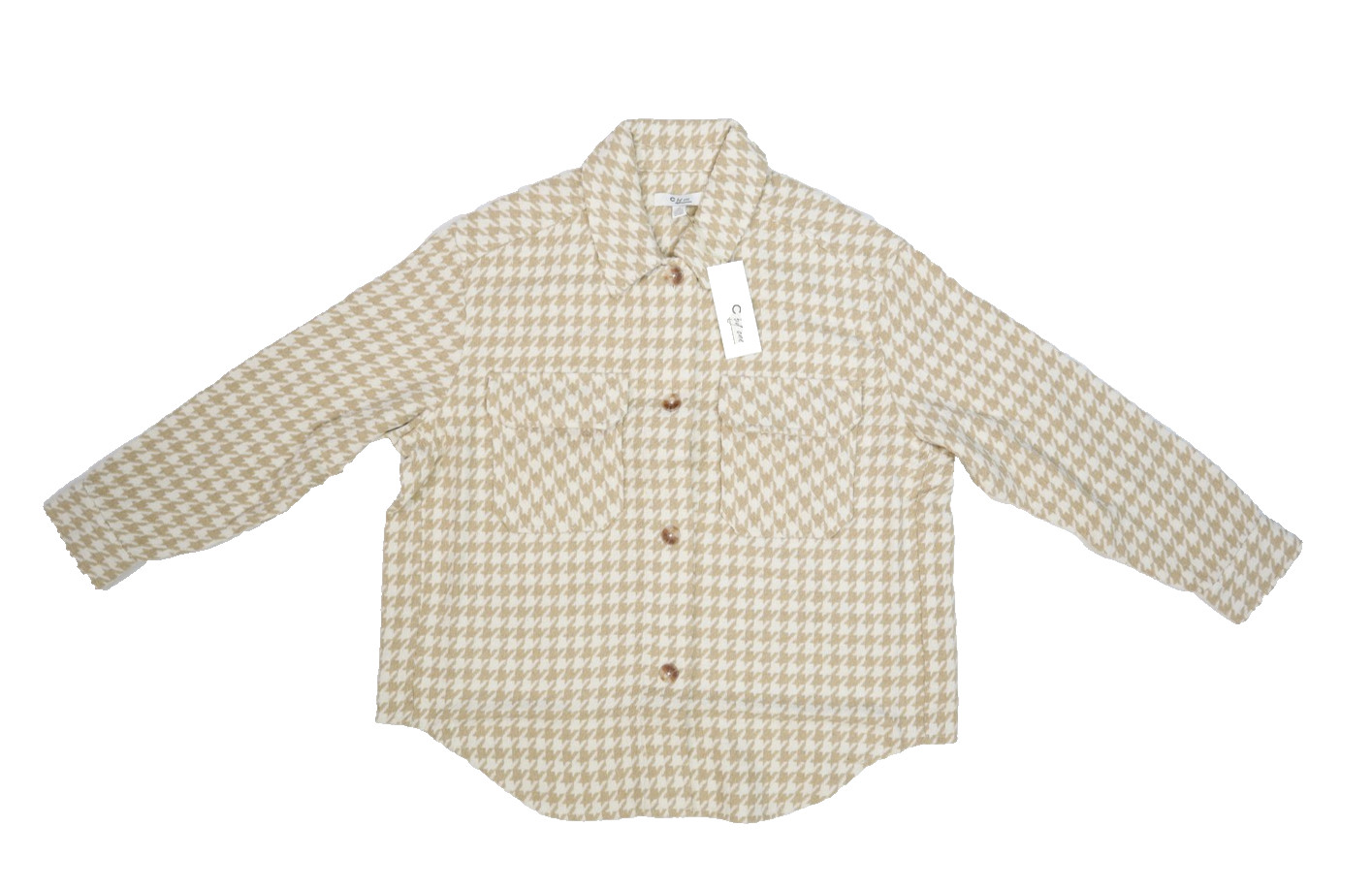 C by One Jacket Womens 1X Beige White Houndstooth Plaid Shacket Wool Blend Warm