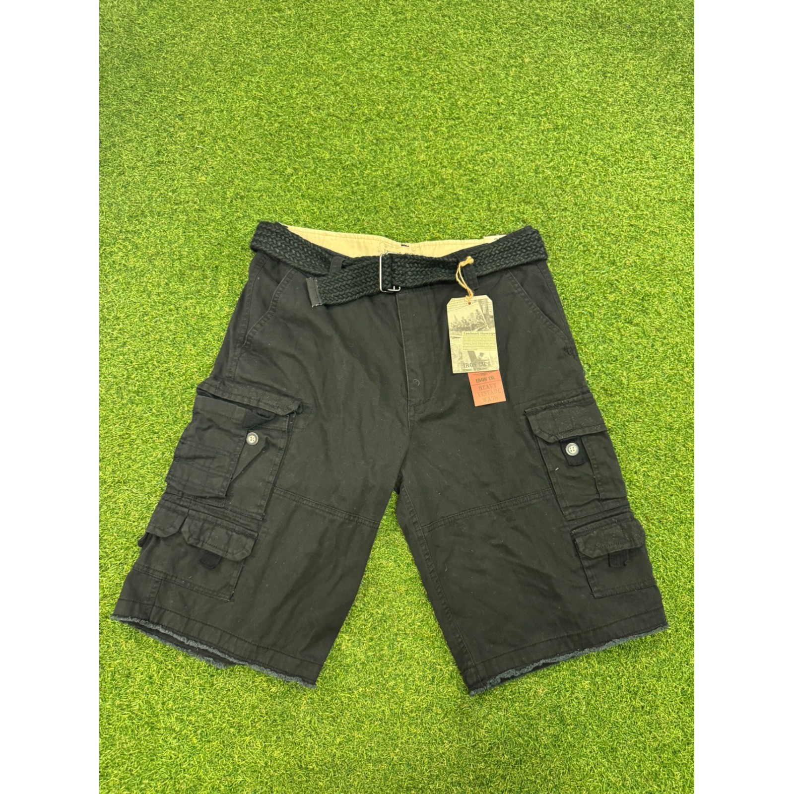 Iron Co Mens Cargo Shorts Black Heavy Vintage Wash Raw Hem With Belt Size 32 NWT