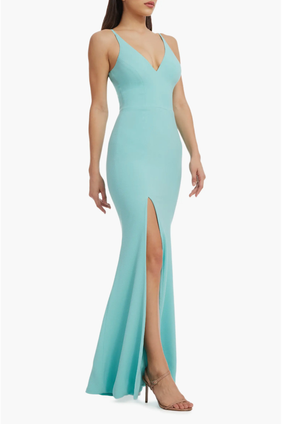 NEW DRESS THE POPULATION Tranquil Blue PLUNGE NECK Iris SLIT Crepe GOWN S