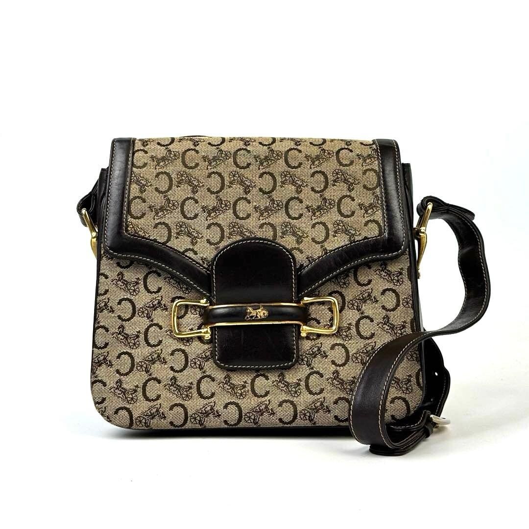 CELINE Shoulder bag C Sulky Macadam canvas leather Vintage Auth From Japan