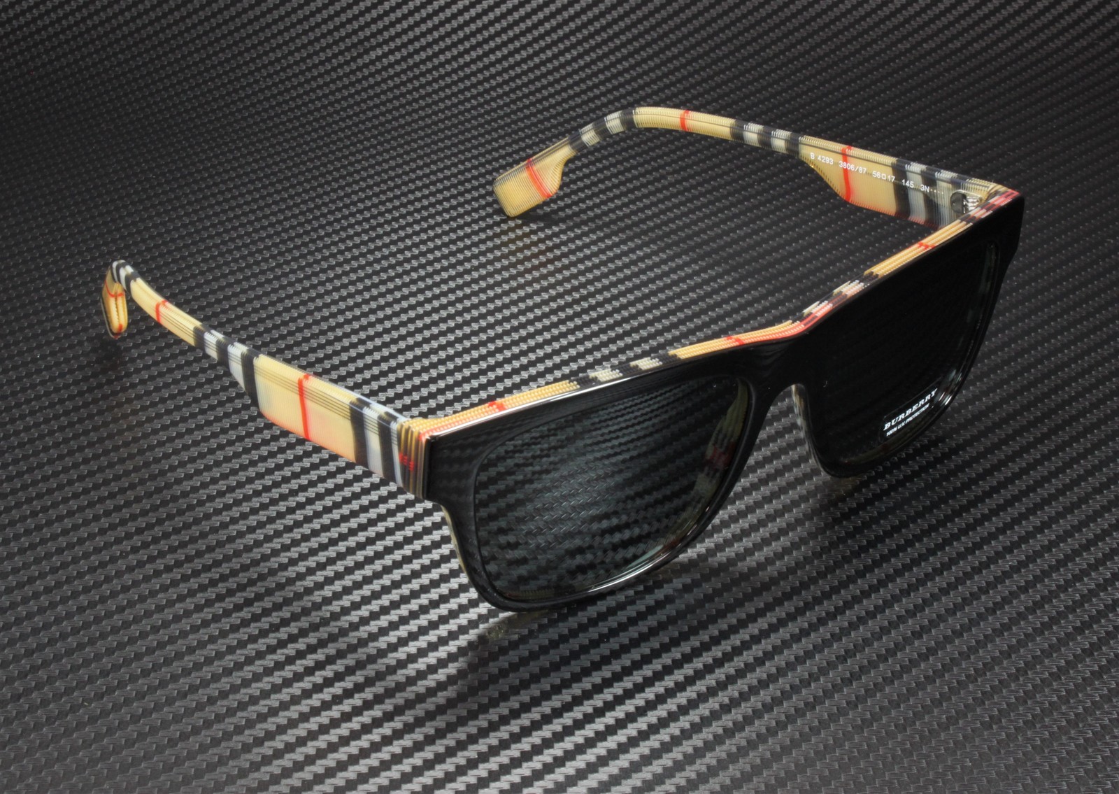 BURBERRY BE4293 380687 Top Black On Vintage Check Grey 56 mm Men’s Sunglasses