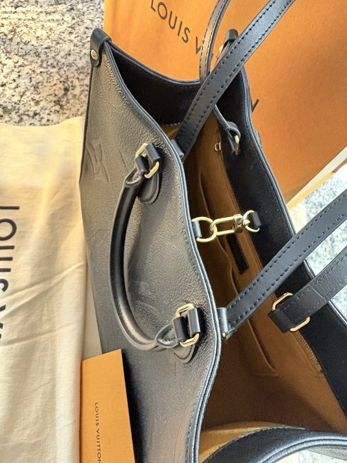 Louis Vuitton OnTheGo MM Black Monogram Embossed Large Tote w/ Dust Bag Box Card