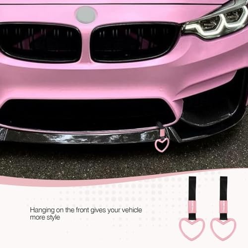 2PCS Heart Shaped Car Handle Straps, Rear Bumper Warning Keychain Ring Pink