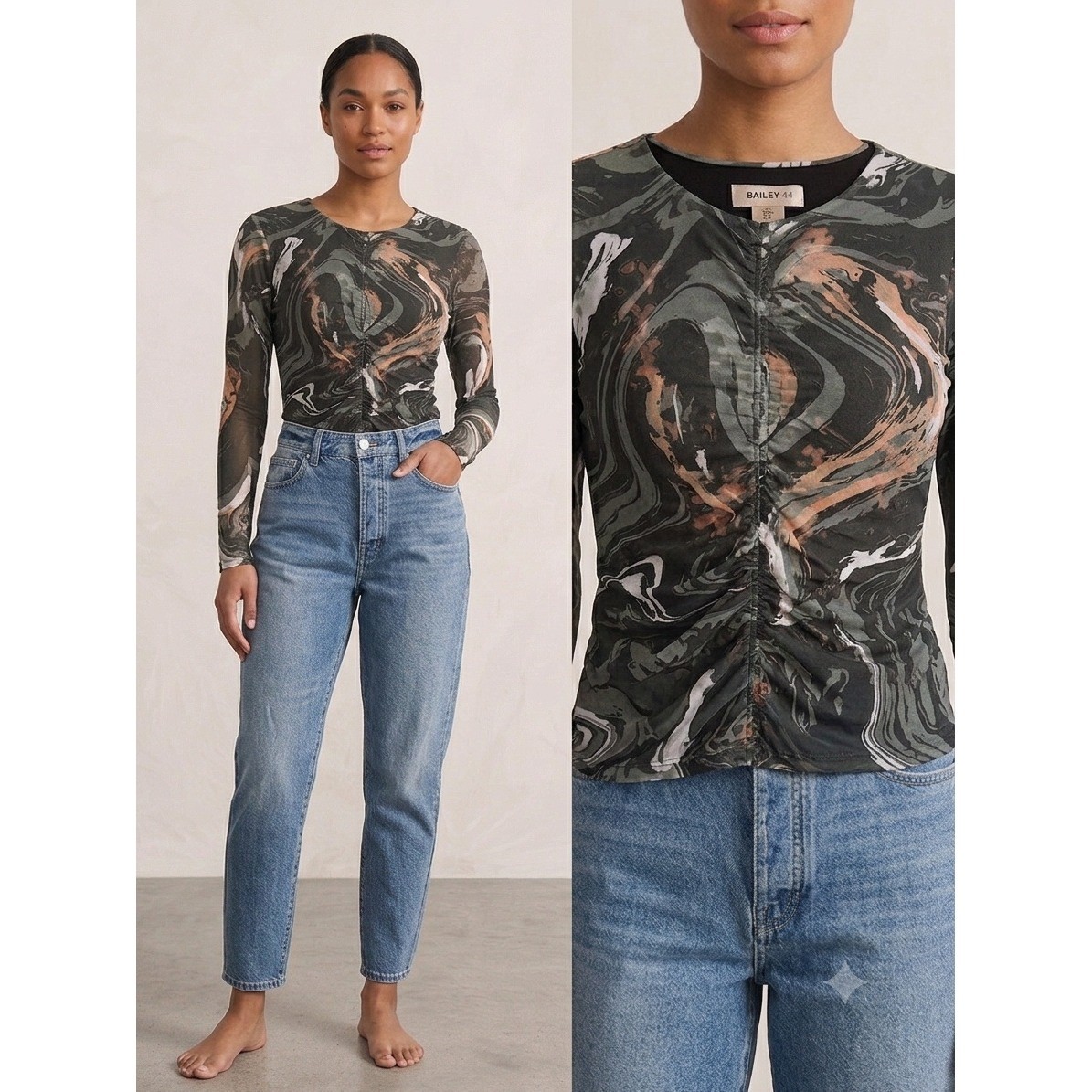 Bailey 44 Womens Marble Swirl Ruched Mesh Long Sleeve Top Green Peach Size M