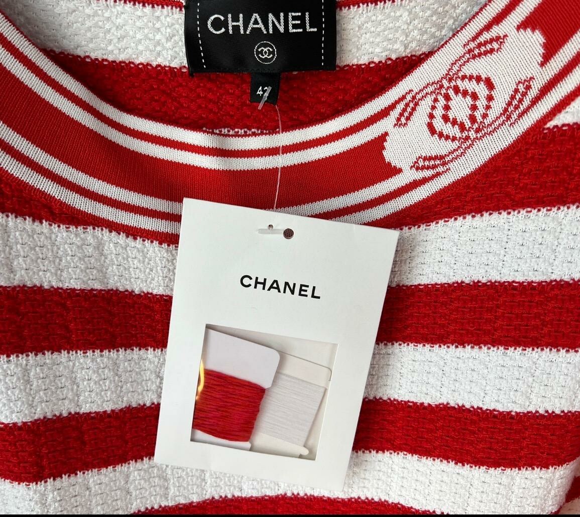 4.8K New Chanel 2019 White Red Stripe Dress 40 42 44 8 10 12 Logo Jacket S M L