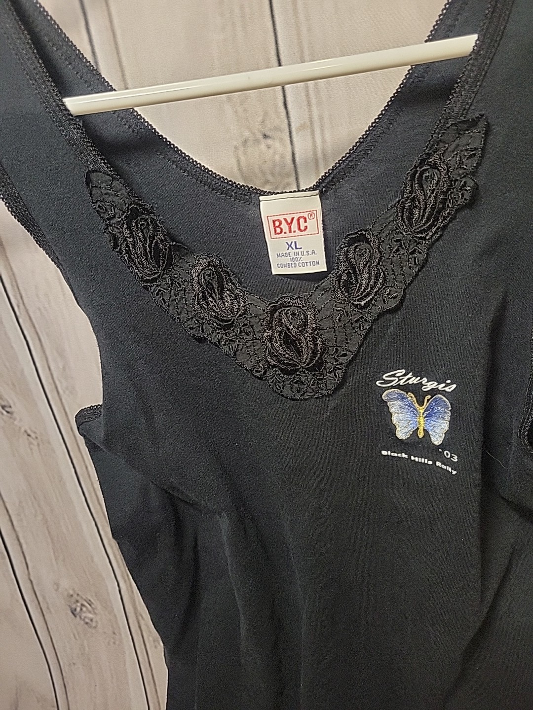 Vintage BYC Sturgis 03′ Black Hills Rally Tank Top Rose Lace Trim Neck Black XL