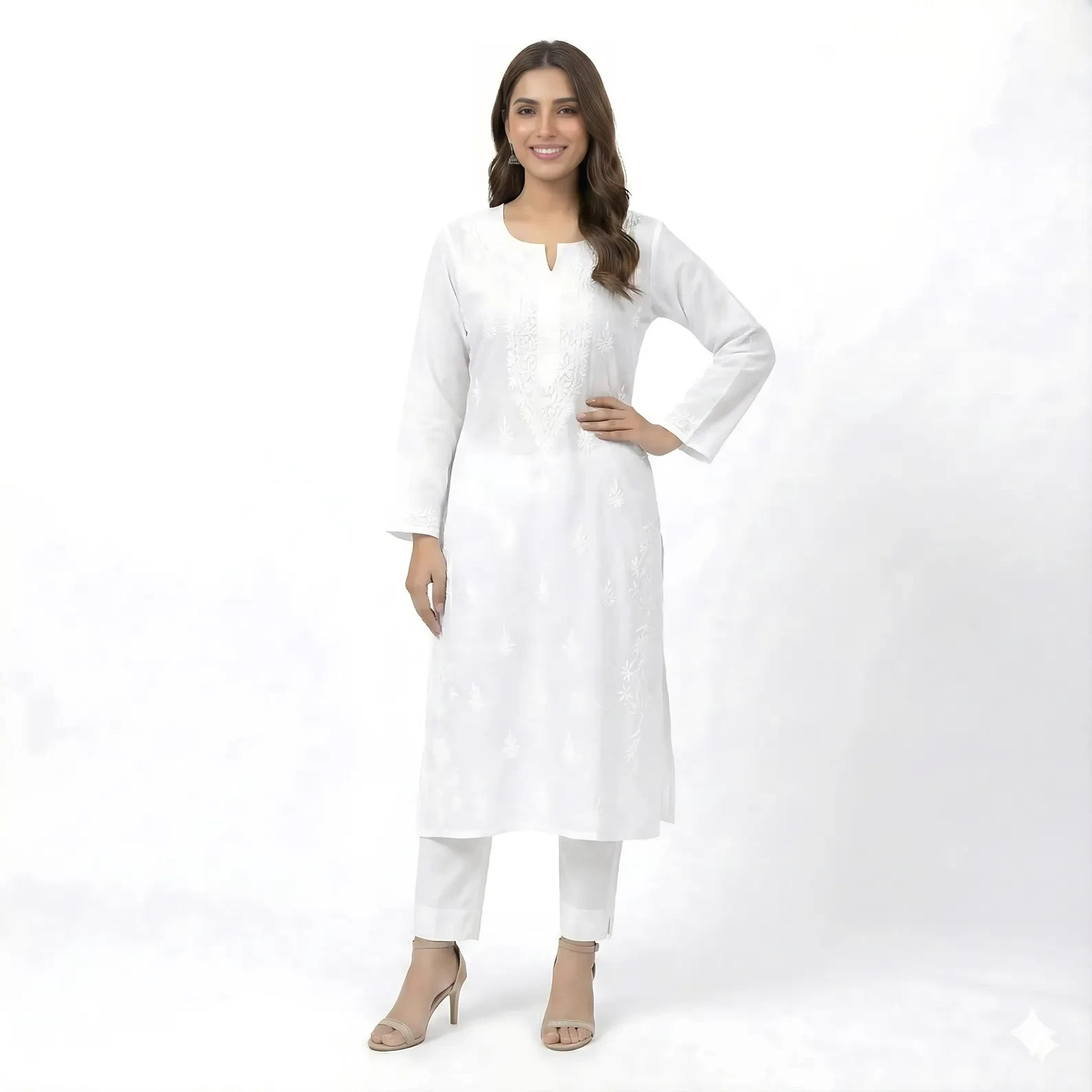 White Hand Embroidered Cotton Kurti: White Straight Cotton Salwaar Kameez Women