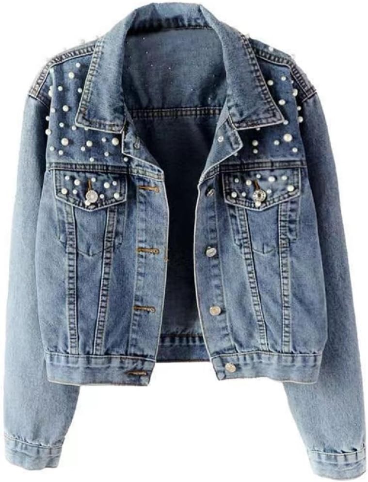 Oversize Pearl Embroidered Ripped Distressed Women Denim Jacket Casual Long Slee
