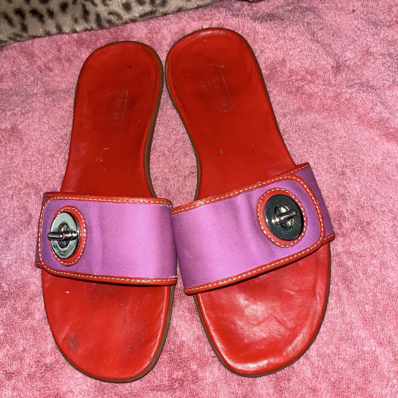 Coach Women’s Slide Sandal US 7 Red Purple Logo Accent Slip-On Synthetic