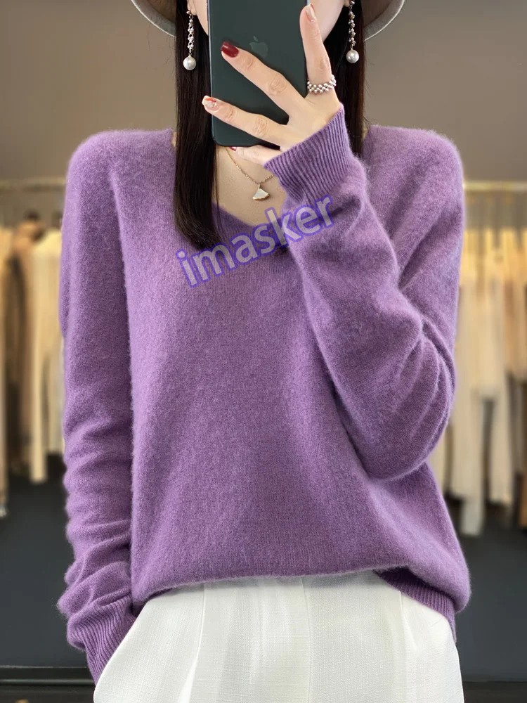 Women’s V-neck Pullover Sweater Knitwear Soft Warm Cashmere Loose Grace Style