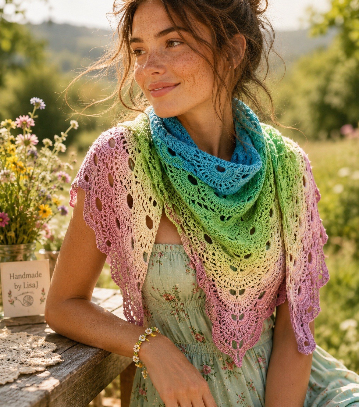 Handmade Crocheted Summer Shawl Wrap Boho Hippie Festival Beach Coverup