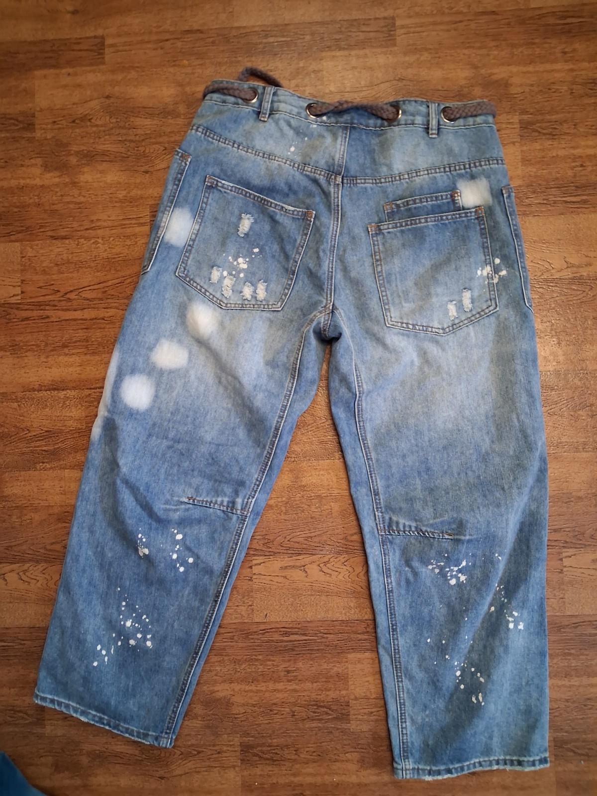 POL Baggy Fit Wide Leg Paint Splatter Cargo Pocket Jeans, Size Large
