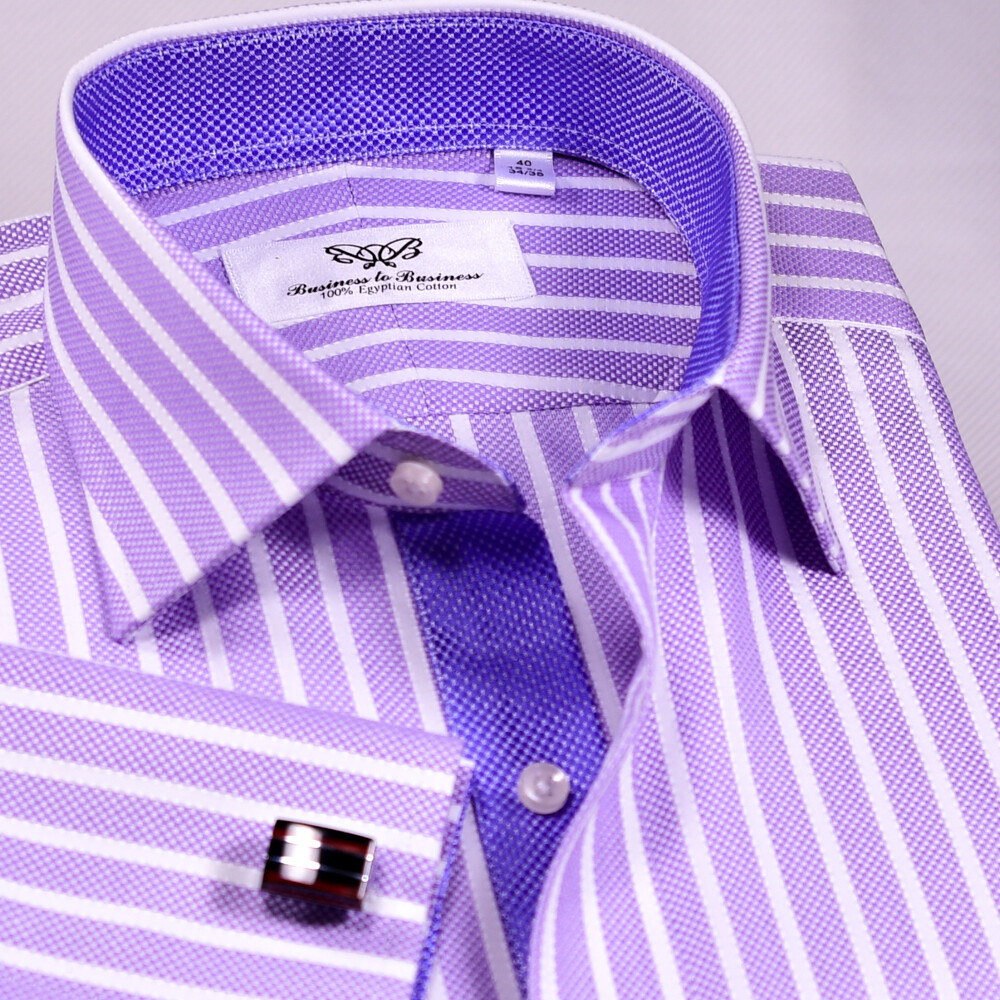 Purple White Stripes Elegant Double Ply Wevon Business Shirts With Inner Lining