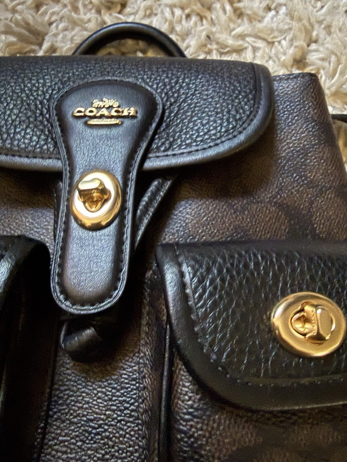 Coach Signature Brown Black Small Backpack Turn Lock Drawstring Gold Hardware