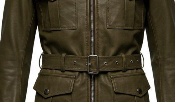 Men’s Olive Leather – Field Jacket Belted Military Style – Utility Coat – Zip Up