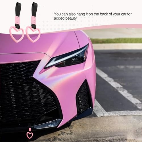 2PCS Heart Shaped Car Handle Straps, Rear Bumper Warning Keychain Ring Pink