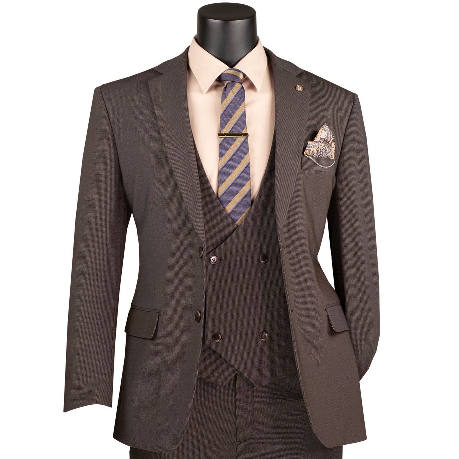 VINCI Men’s Brown 3pc Super Stretch Modern Suit w/ Flex Waist – Washable – NEW