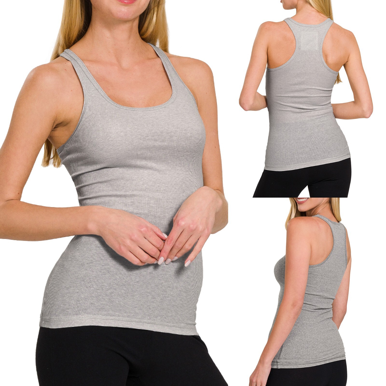 COTTON RIBBED RACERBACK TANK TOP Womens Stretch Long Workout Fitness Sport Yoga