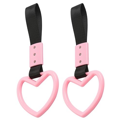 2PCS Heart Shaped Car Handle Straps, Rear Bumper Warning Keychain Ring Pink