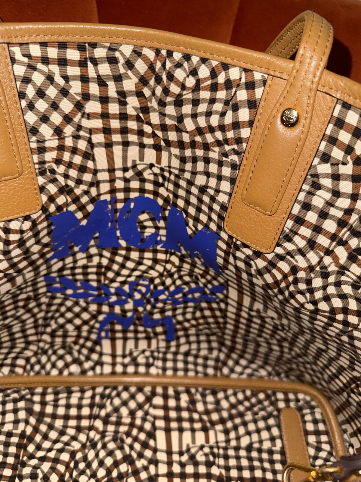 MCM Monogram Brown Tote Bag w/ Pouch, Logo Accents, Inner Pockets, Gold HW