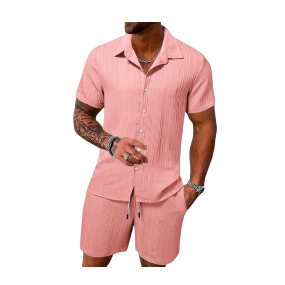 2026 Men 2 Set Short Sleeve Button Shirt Shorts Suit Tops+Shorts T Shirts Casual