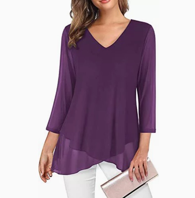 Women’s Asymmetrical Hem Mesh Blouse 3/4 Sleeve V Neck Tunic