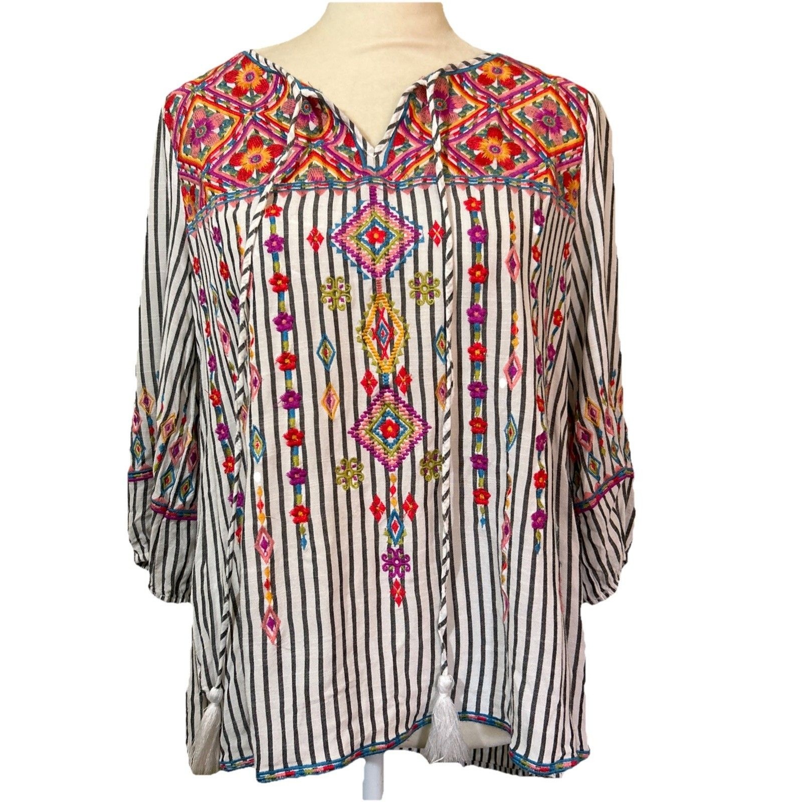 Savanna Jane Blouse Womens Small Embroidered Flowers Striped Boho Top Flaw
