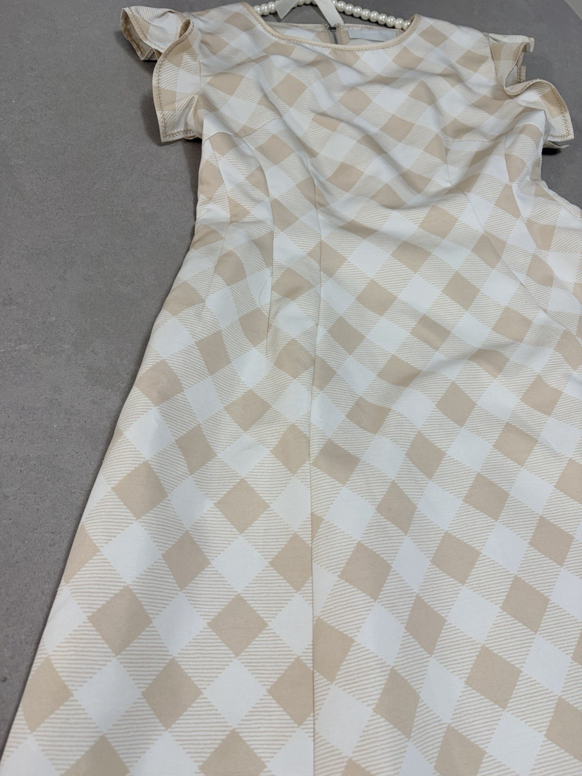 CELFORD Gingham Check Flare Dress Size 36 Beige White Ruffle Sleeve Japan